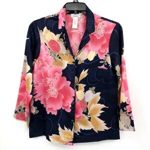 NATORI Women's Printed Satin Essentials Pajama Top Small Navy Blue Floral NWT